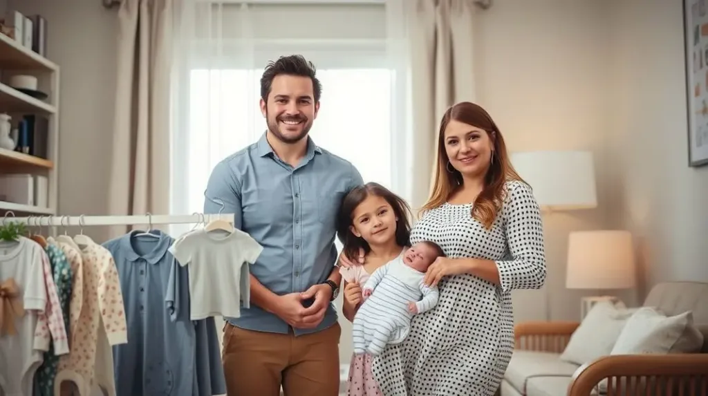 Família preparando-se para o nascimento do bebê em um ambiente acolhedor.