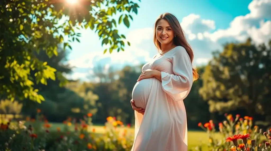 Mulher gestante feliz segurando a barriga em um parque.
