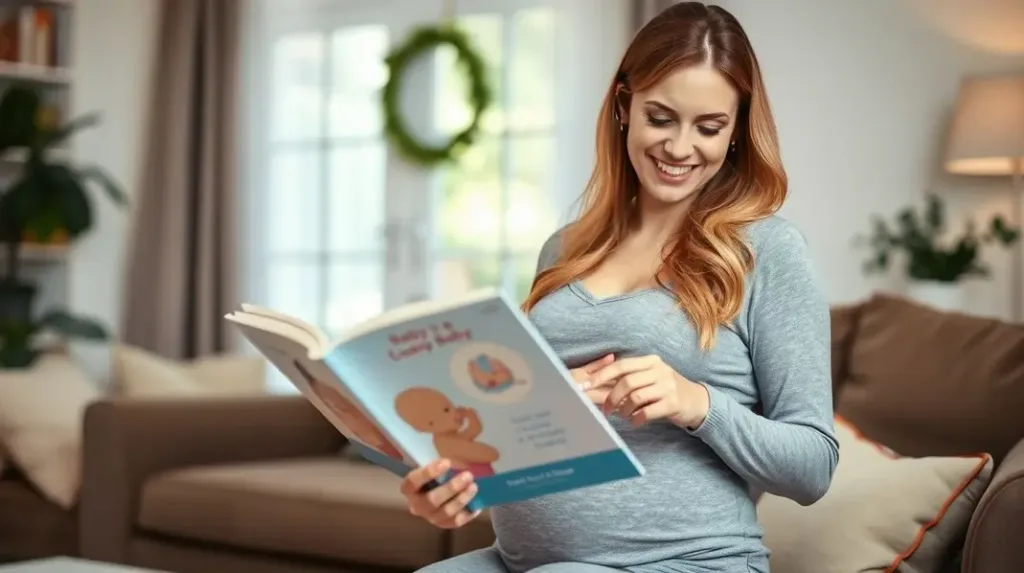 Uma mulher grávida sorrindo enquanto lê um livro sobre bebês.